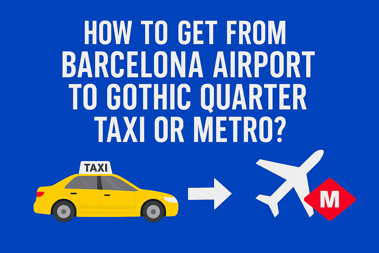Graphic showing transport options from Barcelona Airport to the Gothic Quarter with a taxi, plane, and metro icons