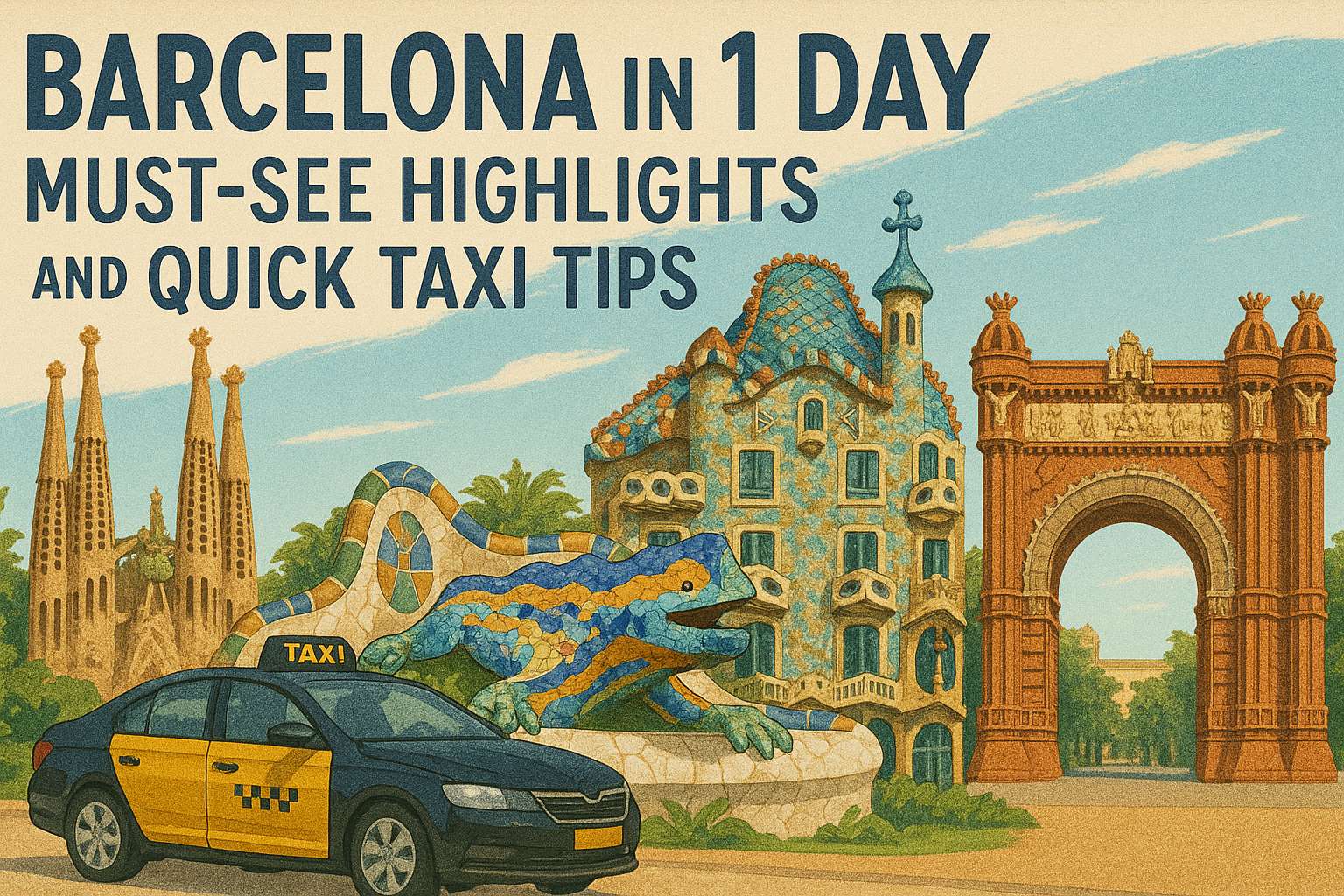 Illustration of Barcelona landmarks including Sagrada Família, Park Güell lizard, Casa Batlló, Arc de Triomf, and a Barcelona yellow-black taxi with the text “Barcelona in 1 Day: Must-See Highlights and Quick Taxi Tips.