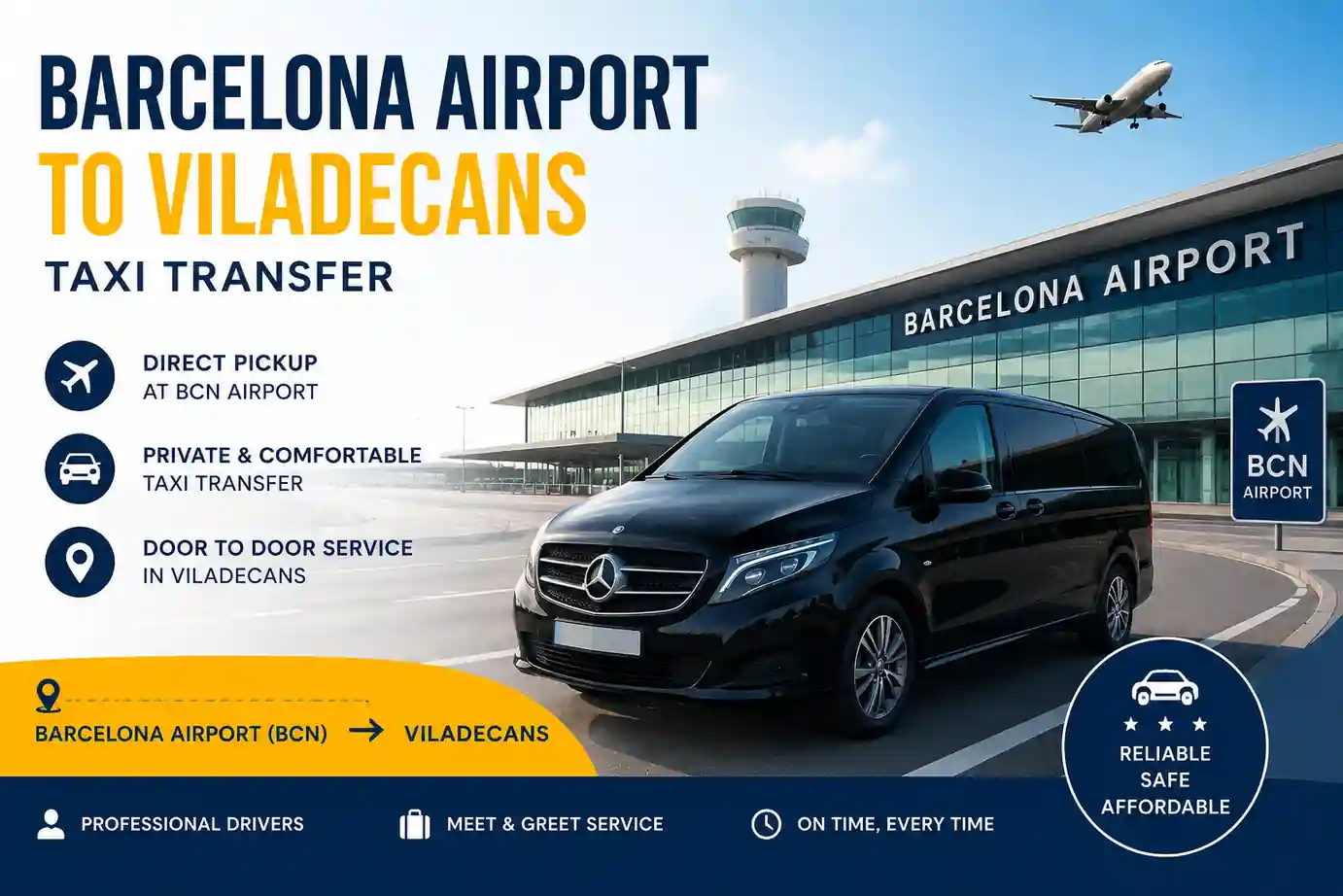 Barcelona Airport to Viladecans taxi transfer with private vehicle at BCN Airport